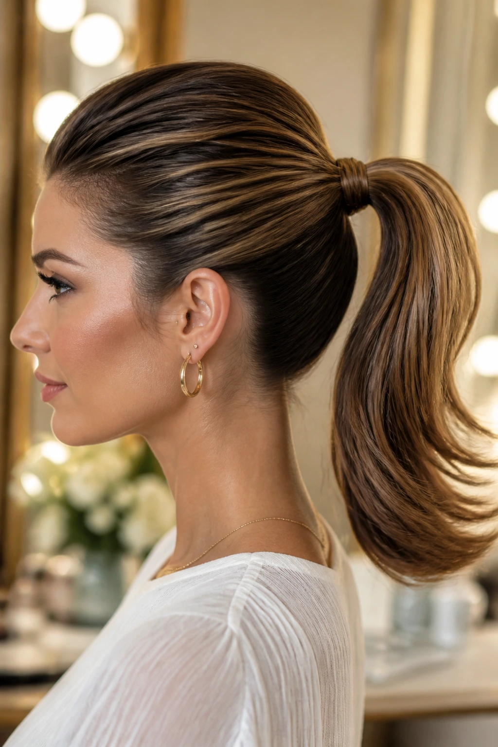Close-up of a woman with a perfectly shaped ponytail showing clean base and crown lift