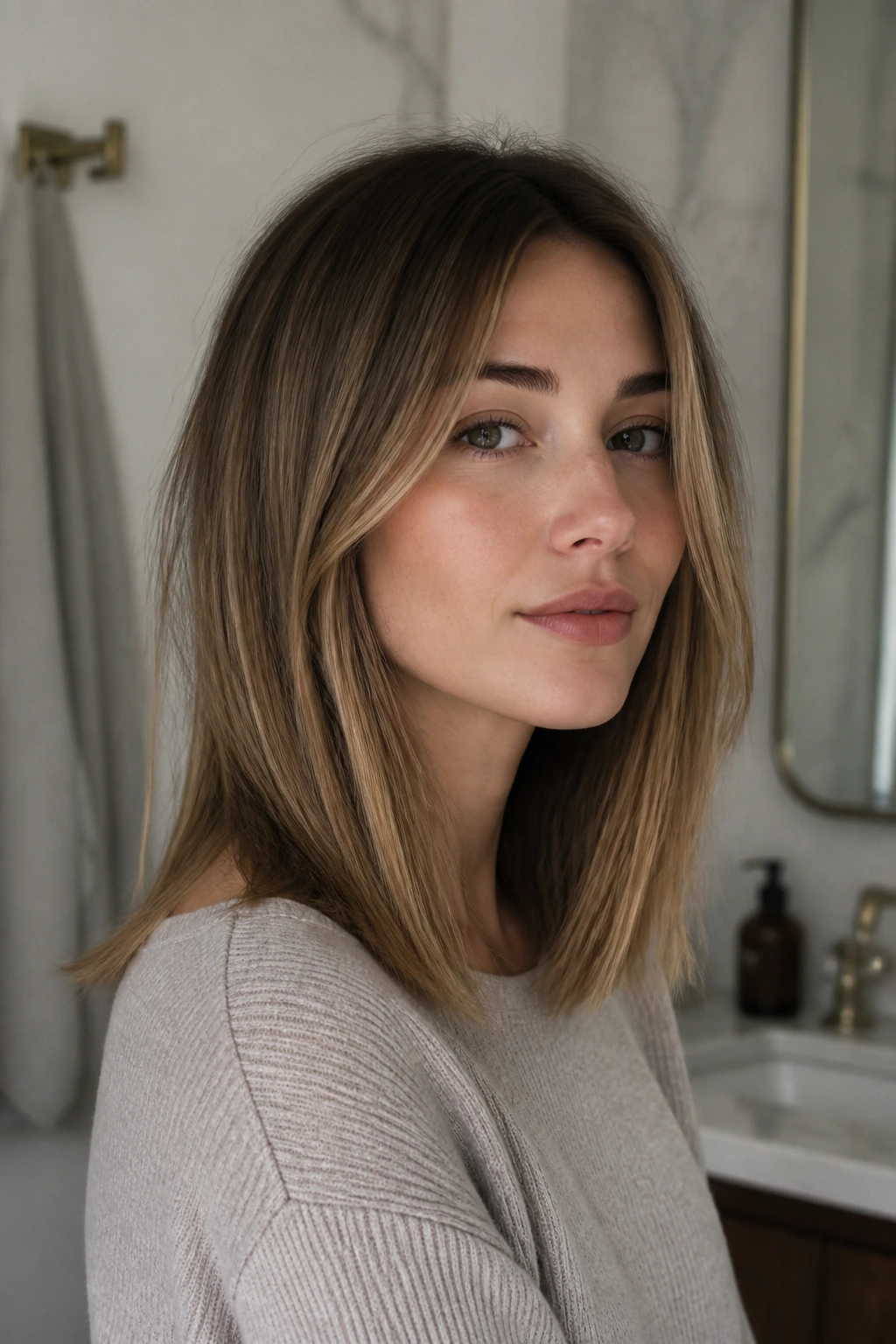 Portrait of a real woman with blunt perimeter and cheekbone-length layers.