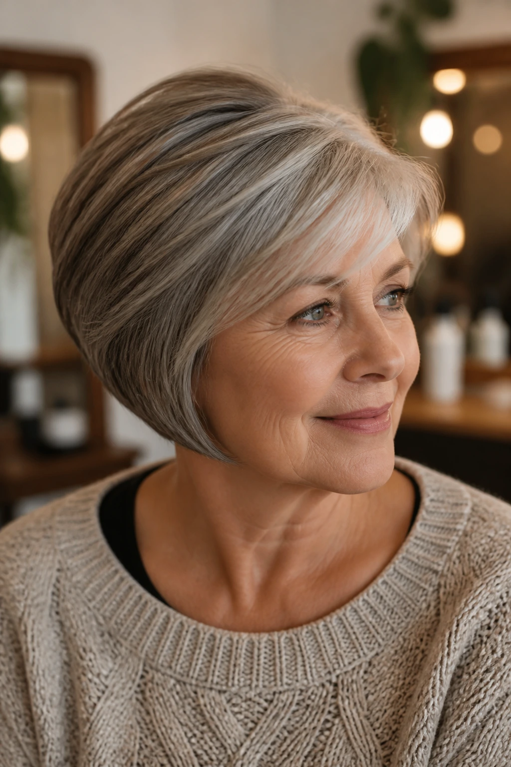 Portrait of a woman with a short haircut showing perimeter edge and crown lift.