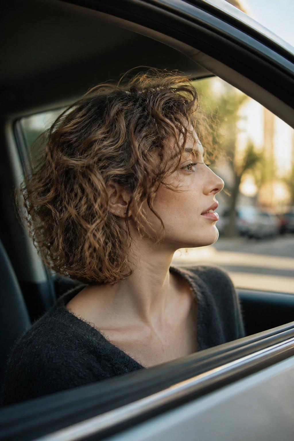 Side-profile of a woman with fine loose curls maintaining perimeter weight in a car.