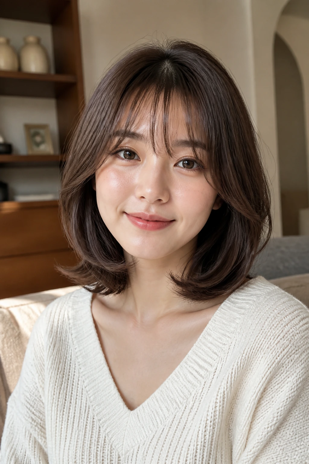 Close-up of a real woman with a softly bent perm lob and airy bangs.
