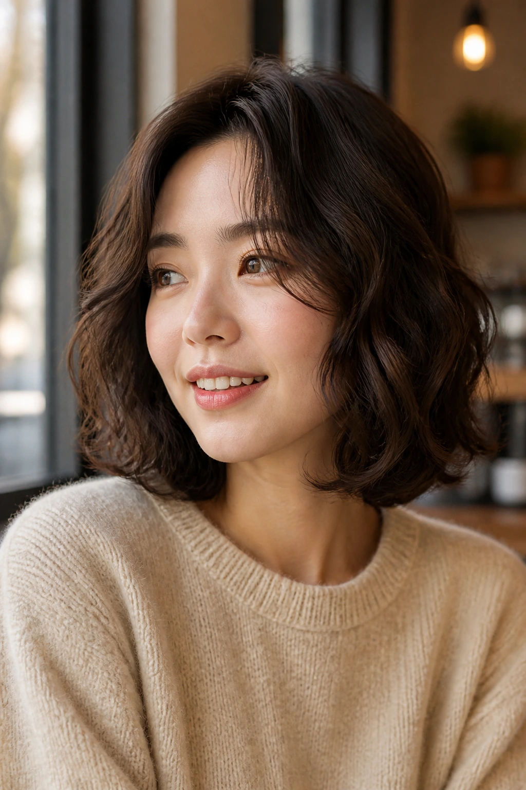 Close-up of a real woman with perm body-wave bob in warm cafe lighting