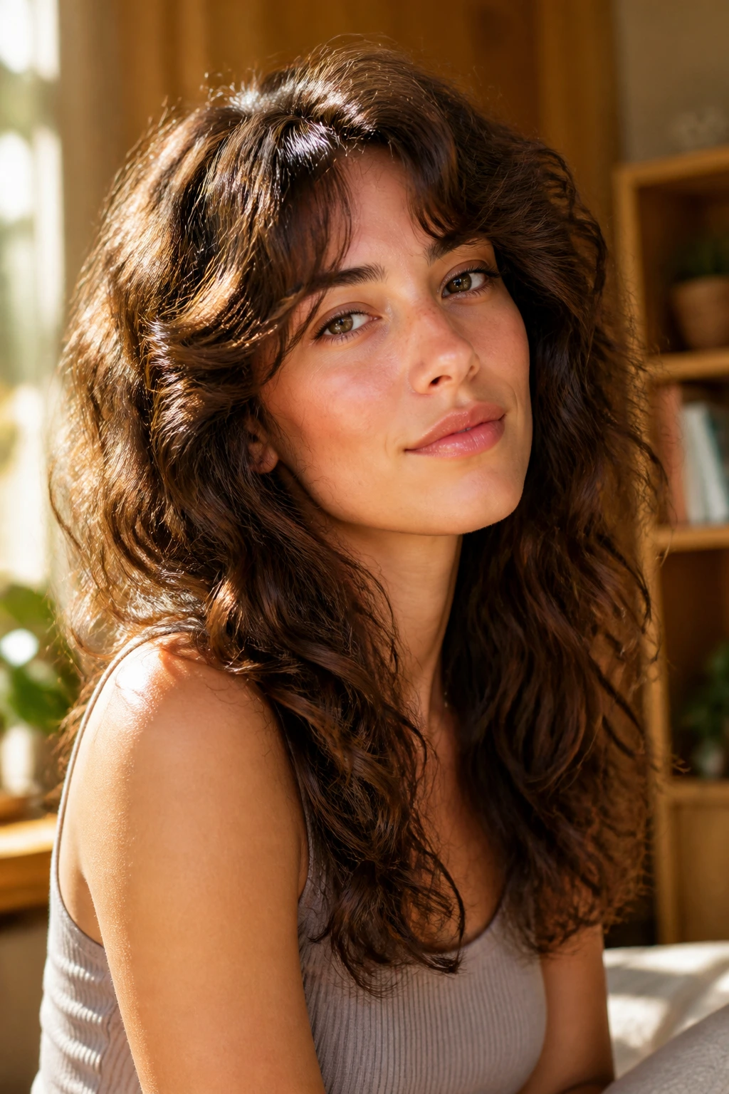 Portrait of a real woman with loose perm-inspired waves on thick hair