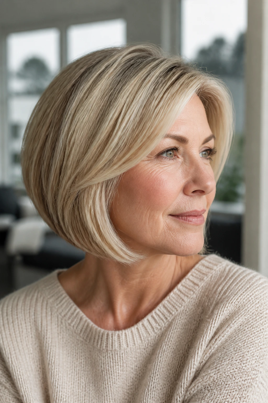 Portrait of a real woman with a texture-matched blonde bob