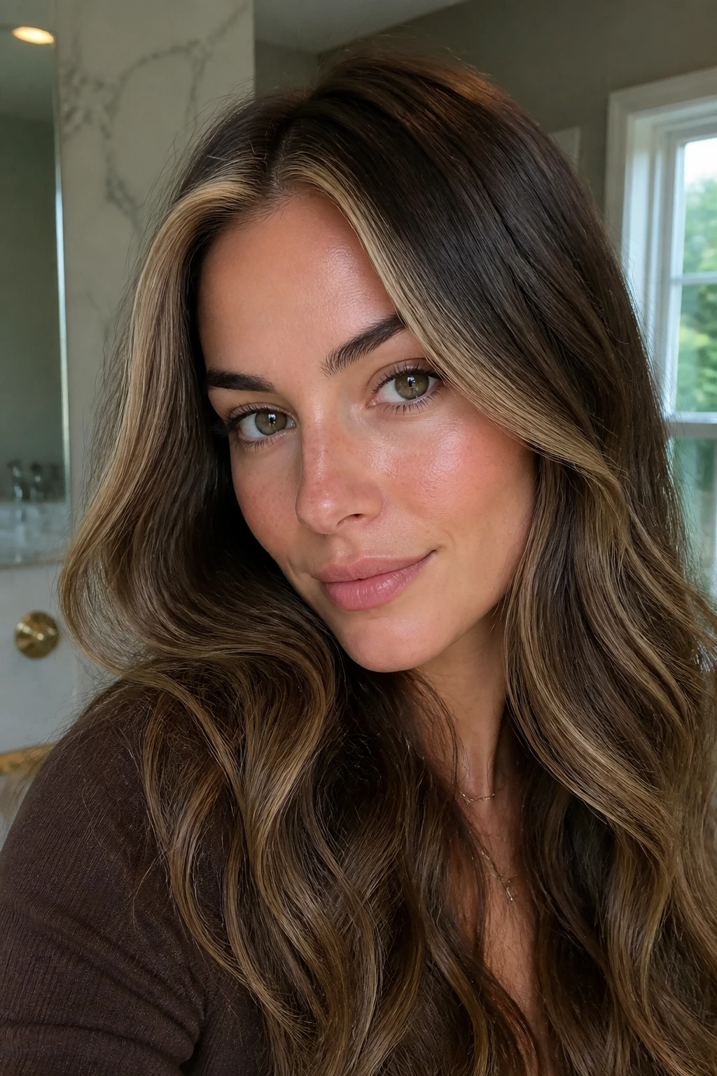 Close-up portrait of a real woman with personalized caramel hair featuring a money piece and subtle root shadow in natural light