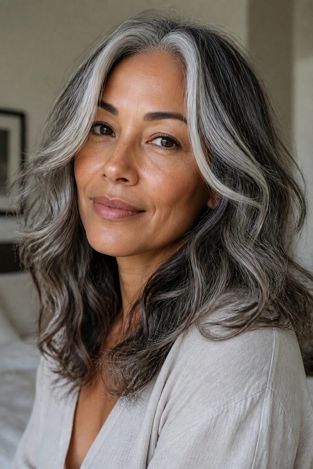 Close-up portrait of a real woman with gray hair and face-framing lighter pieces in warm light