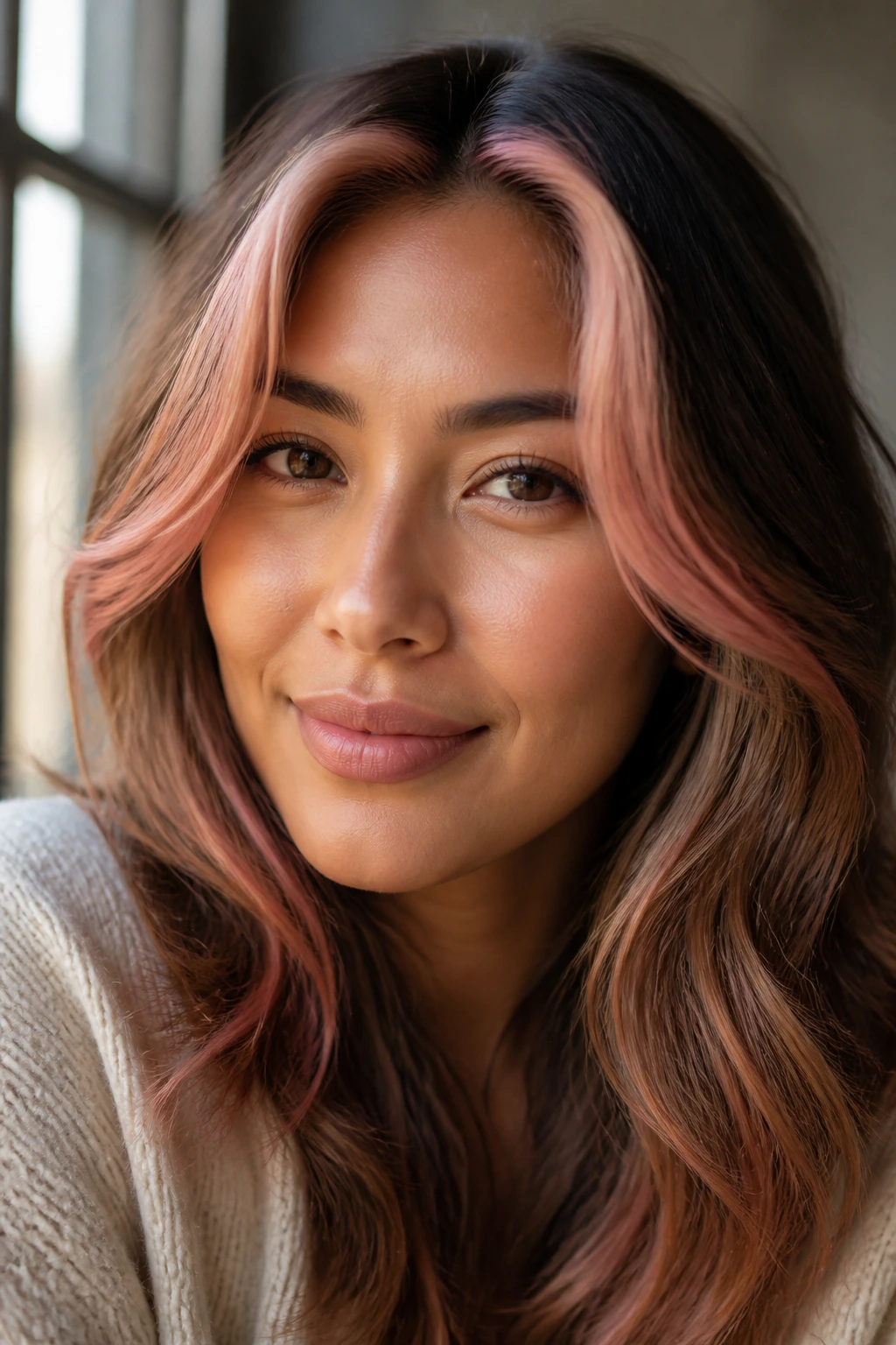 Close-up of a real woman with petal pink halo highlights around the hairline