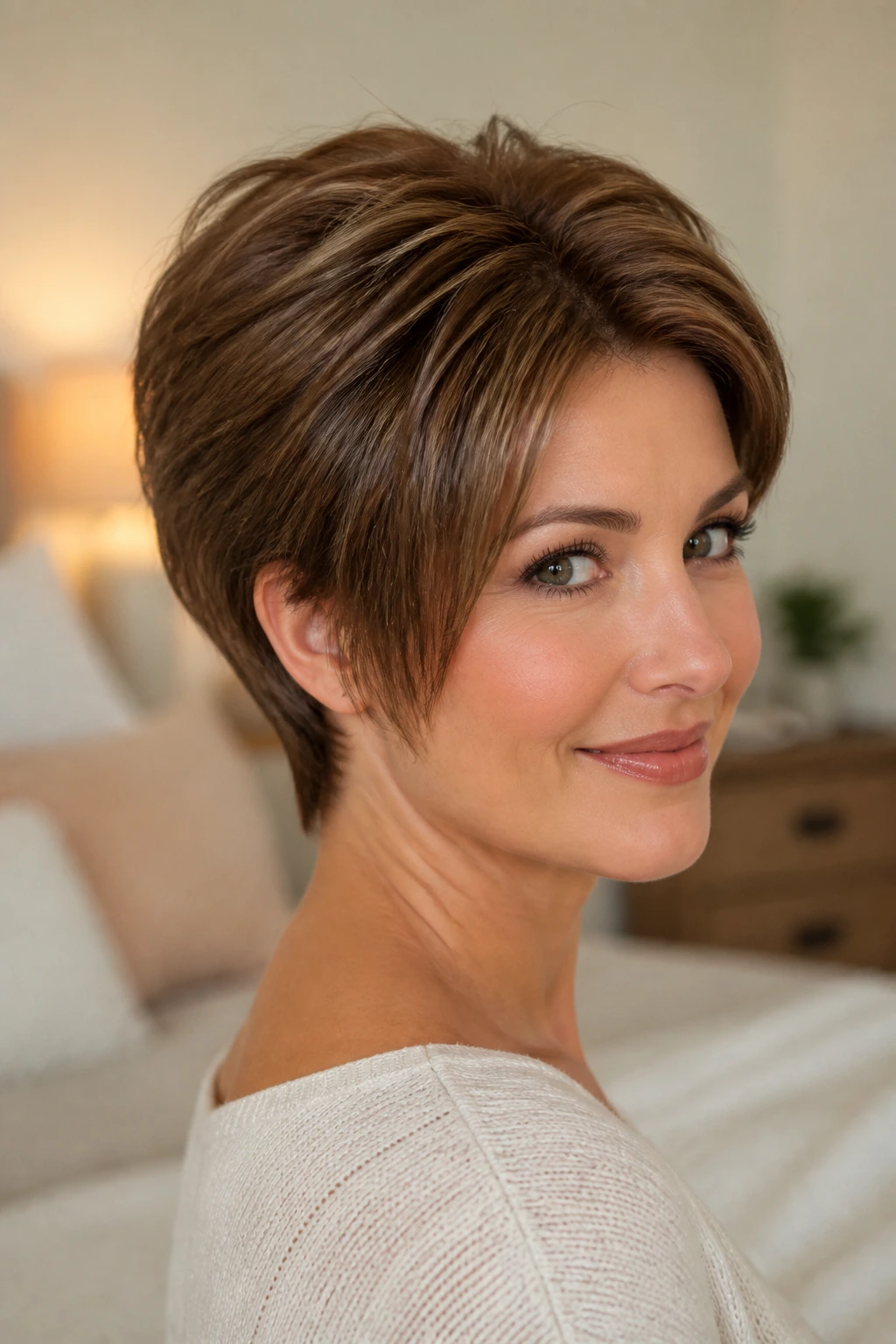 Close-up of real woman wearing petite-cap monofilament wig