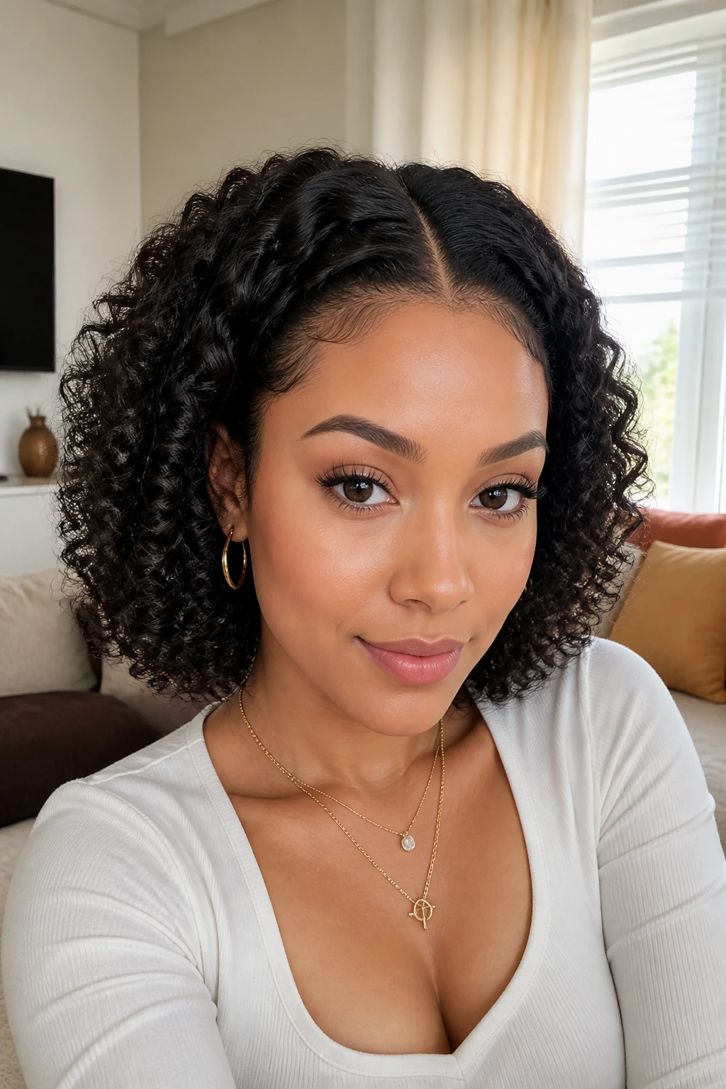 Real woman wearing a petite-cap wig with secure fit in a cozy living room