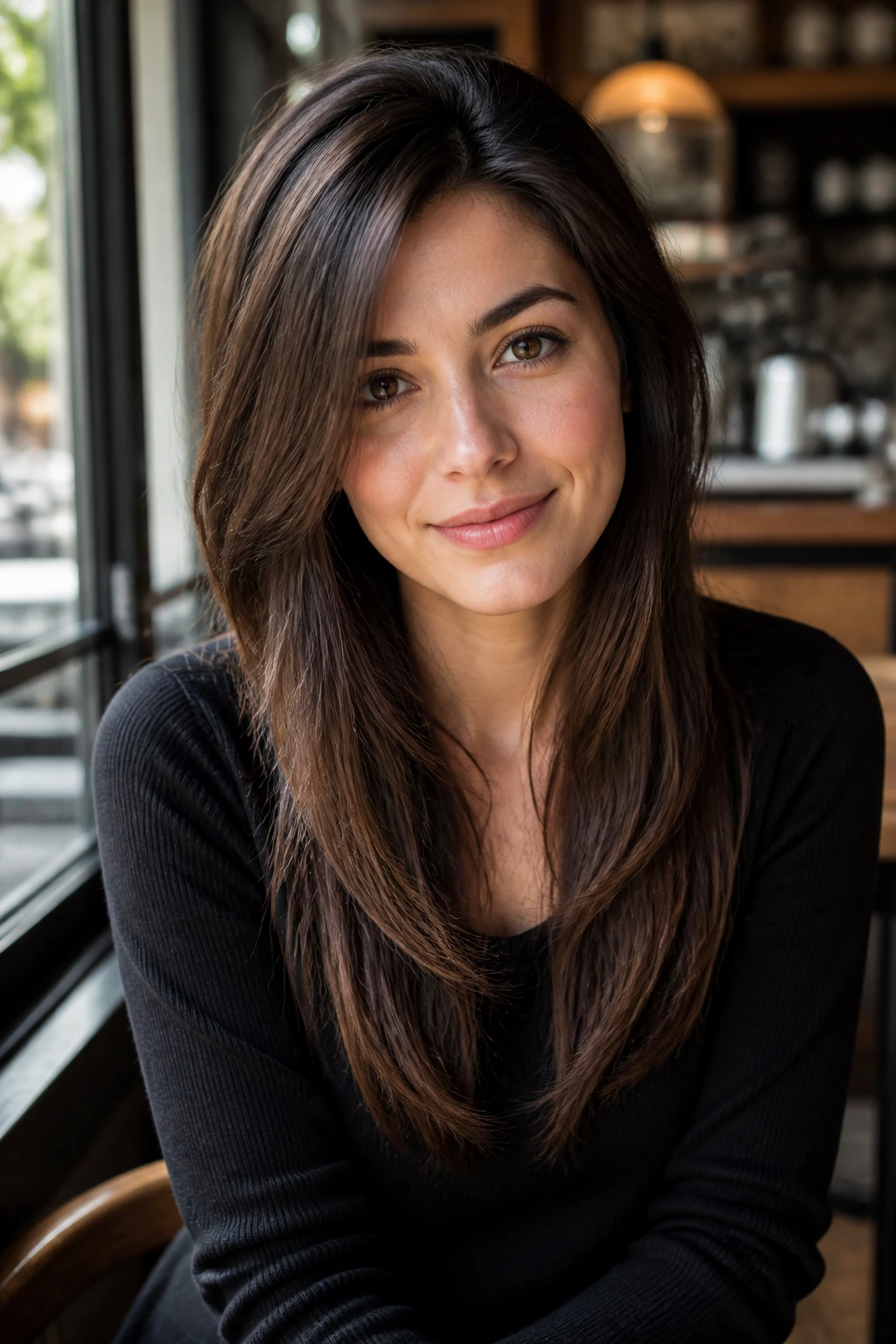 Close-up portrait of a real woman with petite-frame elongating layers forming a narrow vertical line.