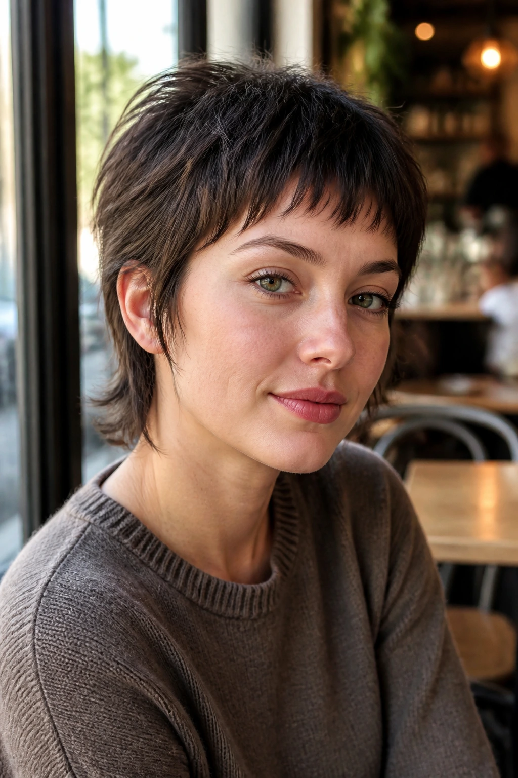 Real person with petite fringe and side tapers