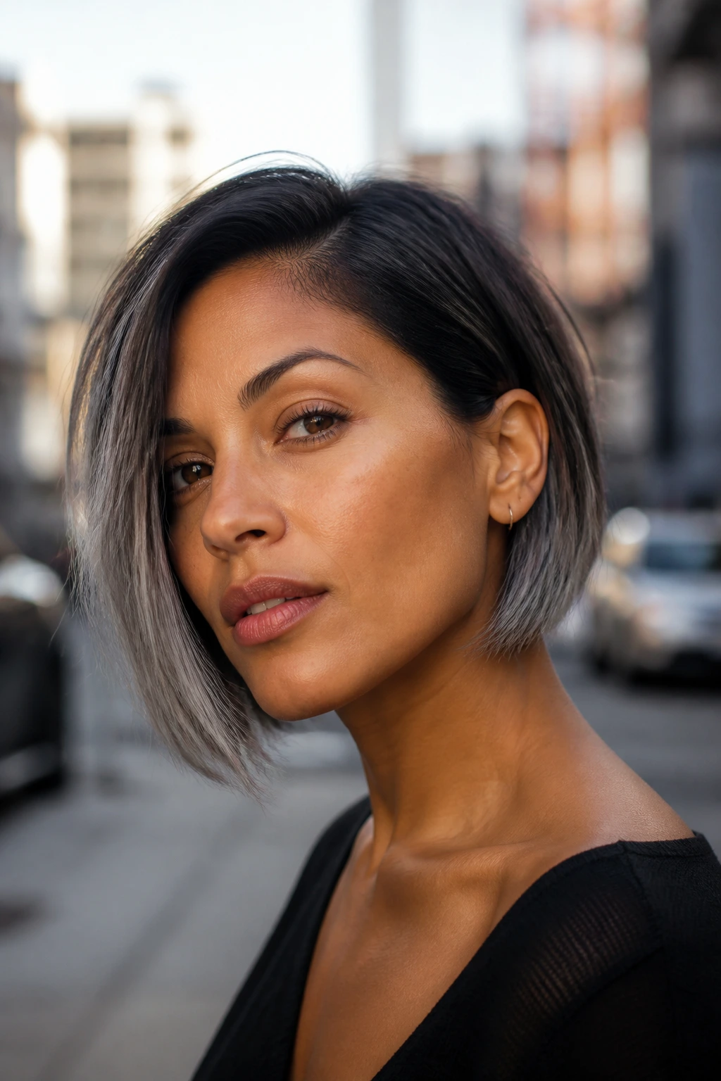 Close-up of a real woman with Asymmetrical Bob With Pewter Sweep on tan skin