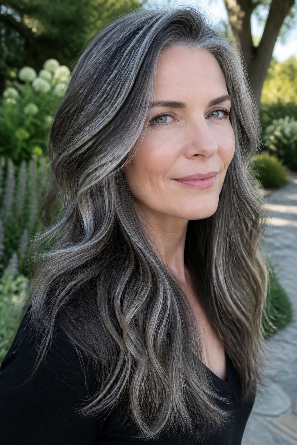 Portrait of a person with pewter balayage on long layered hair.