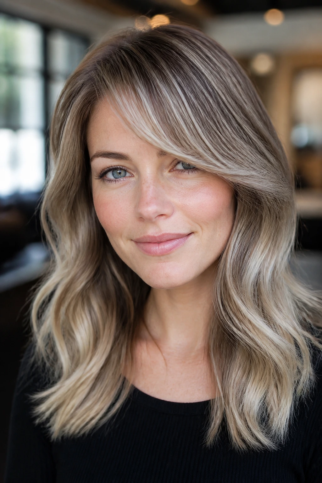 Close-up portrait of a real person with pewter-beige balayage and a soft side sweep in a salon.