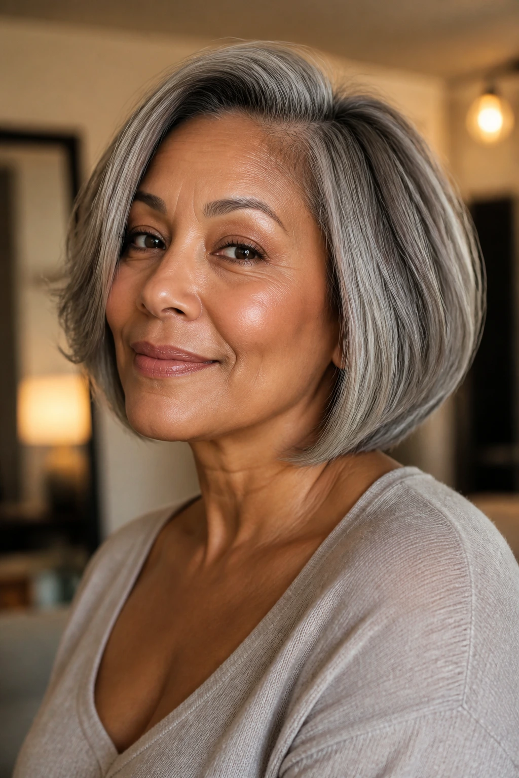 Real person with warm pewter bob and root shadow in cozy indoor lighting.