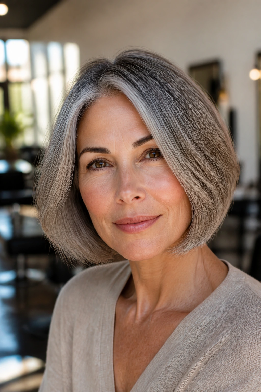 Close-up portrait of a real woman with pewter-toned bob in a sunlit salon