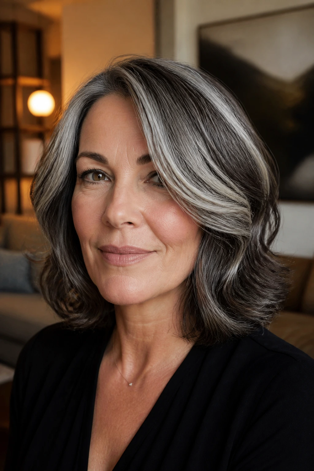 Close-up of a woman with pewter chunky highlights and a retro bend