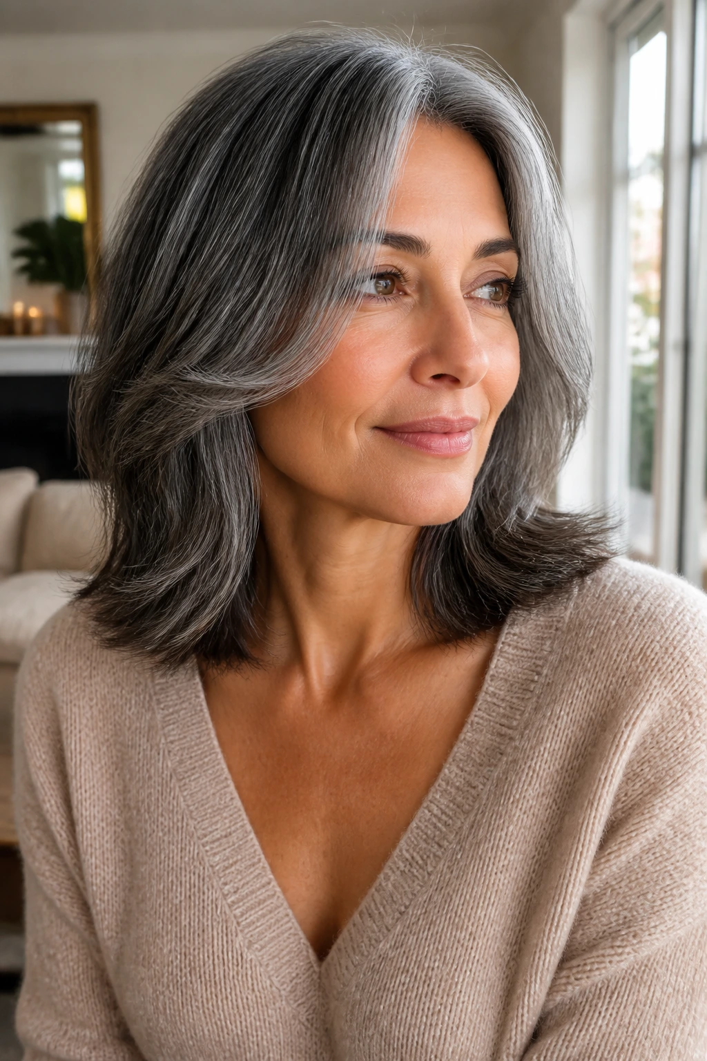 Real woman with pewter collarbone cut and face-framing layers in natural light