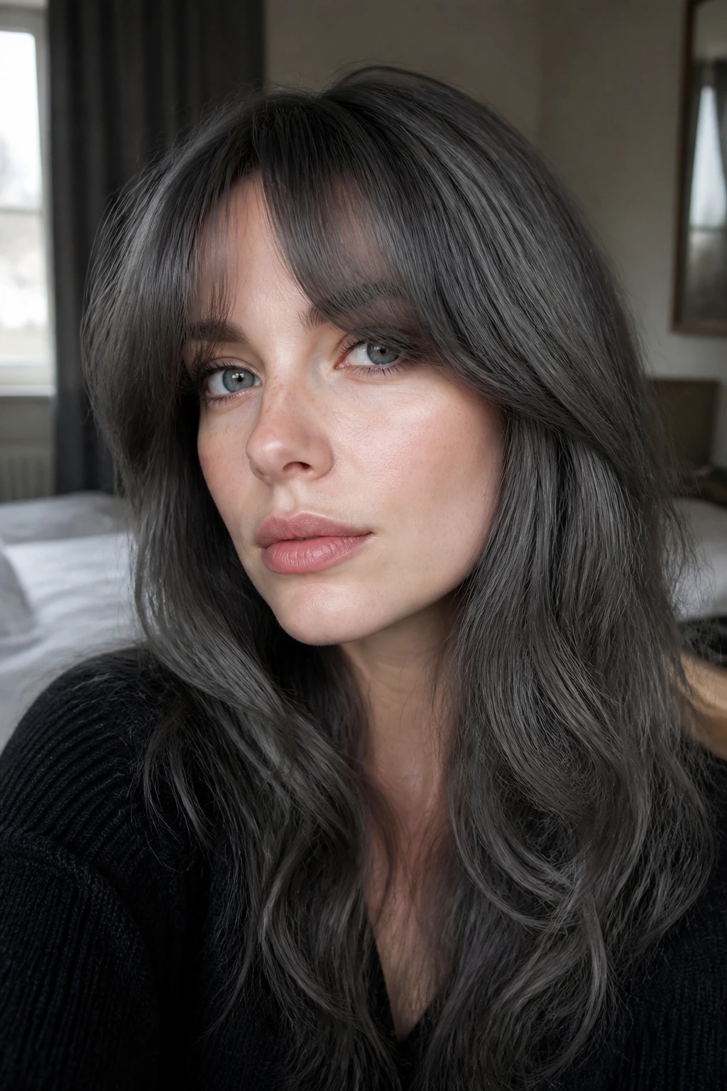 Close-up portrait of a real woman with pewter curtain bangs and pale skin.