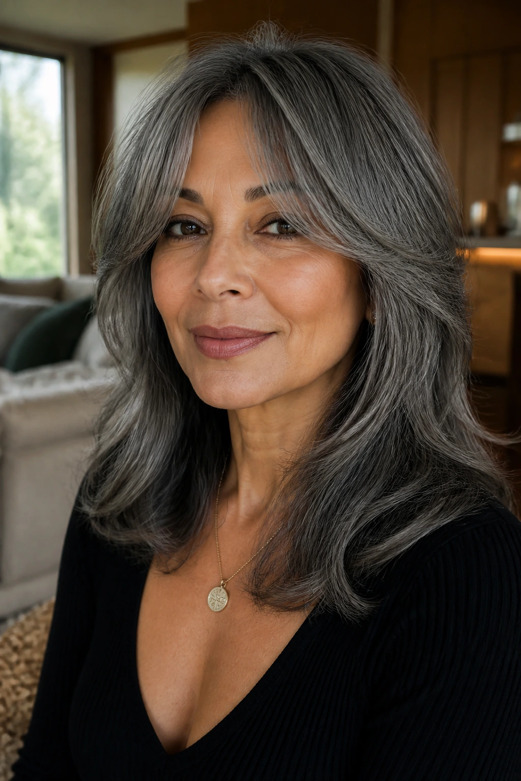 Close-up of a real woman with Pewter Curtain Layers framing her face.