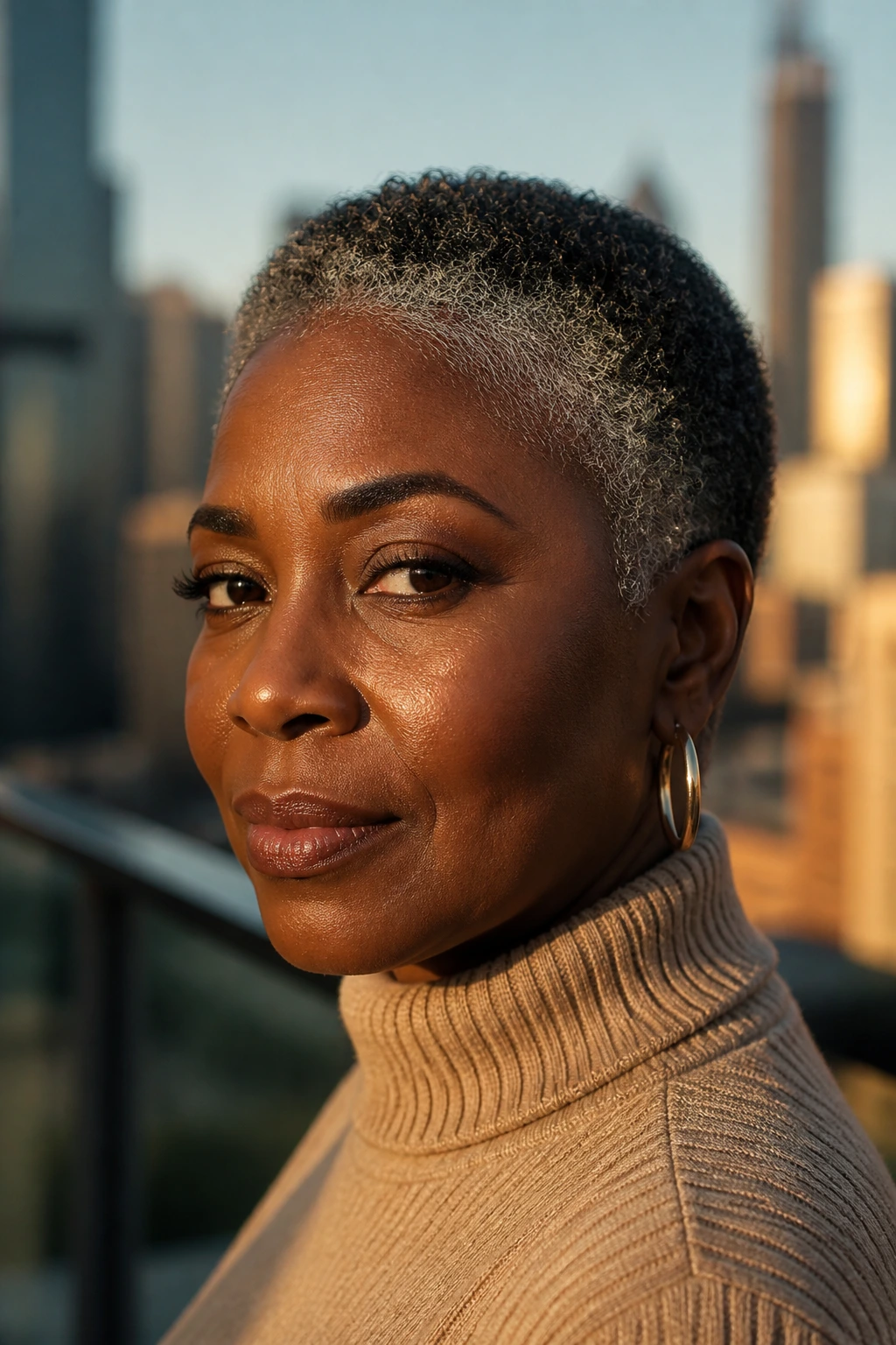 Close-up portrait of a real person with pewter-edged TWA hairstyle on an urban balcony at golden hour.