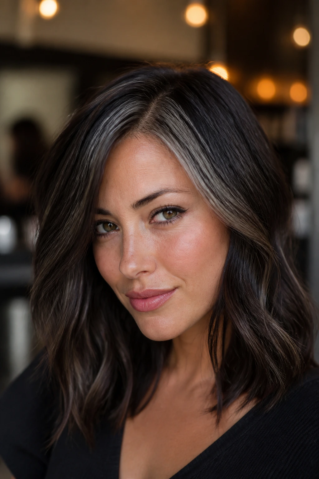 Portrait of a person with pewter highlights on dark brown hair around the crown.
