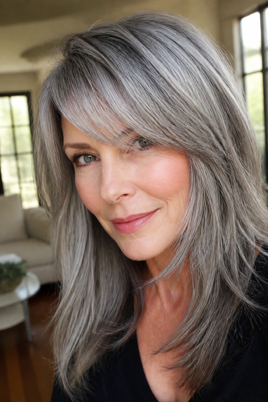 Close-up of a real woman with metallic pewter layered hair and side-swept bangs
