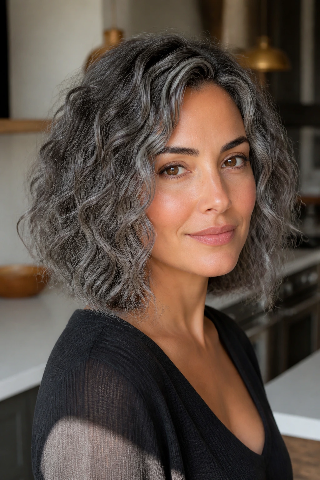 Brunette with soft pewter lob in warm daylight portrait