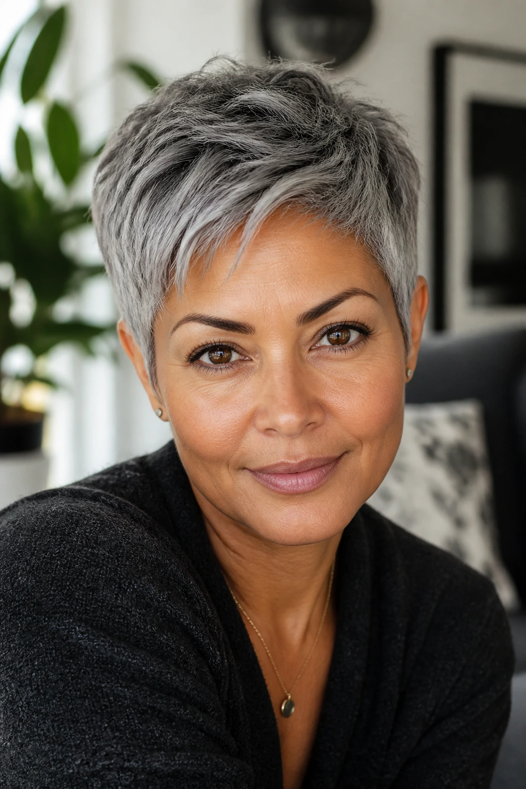 Close-up of a real person with a pewter pixie cut