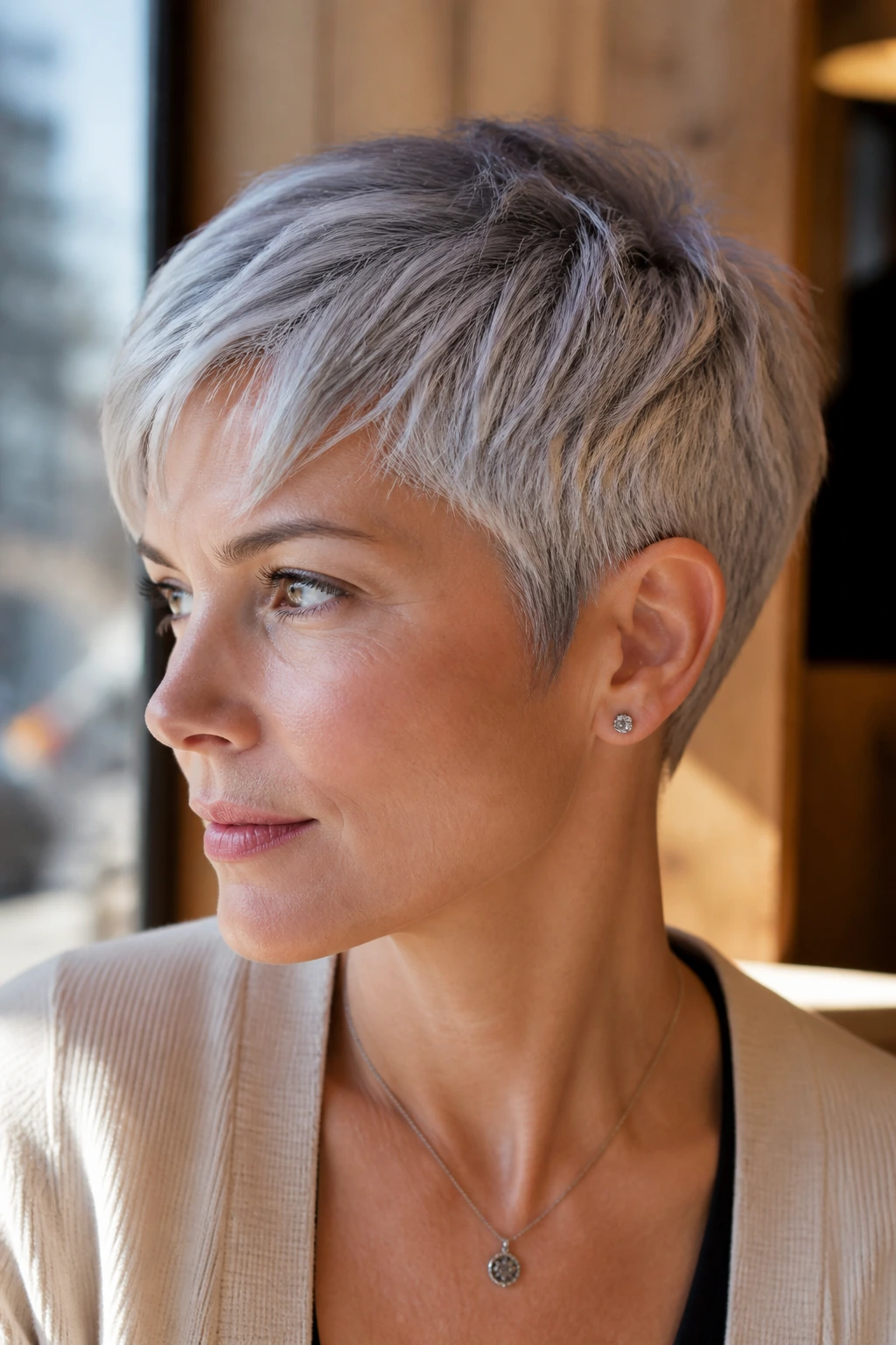 Close-up portrait of a real woman with a pewter pixie haircut in natural window light