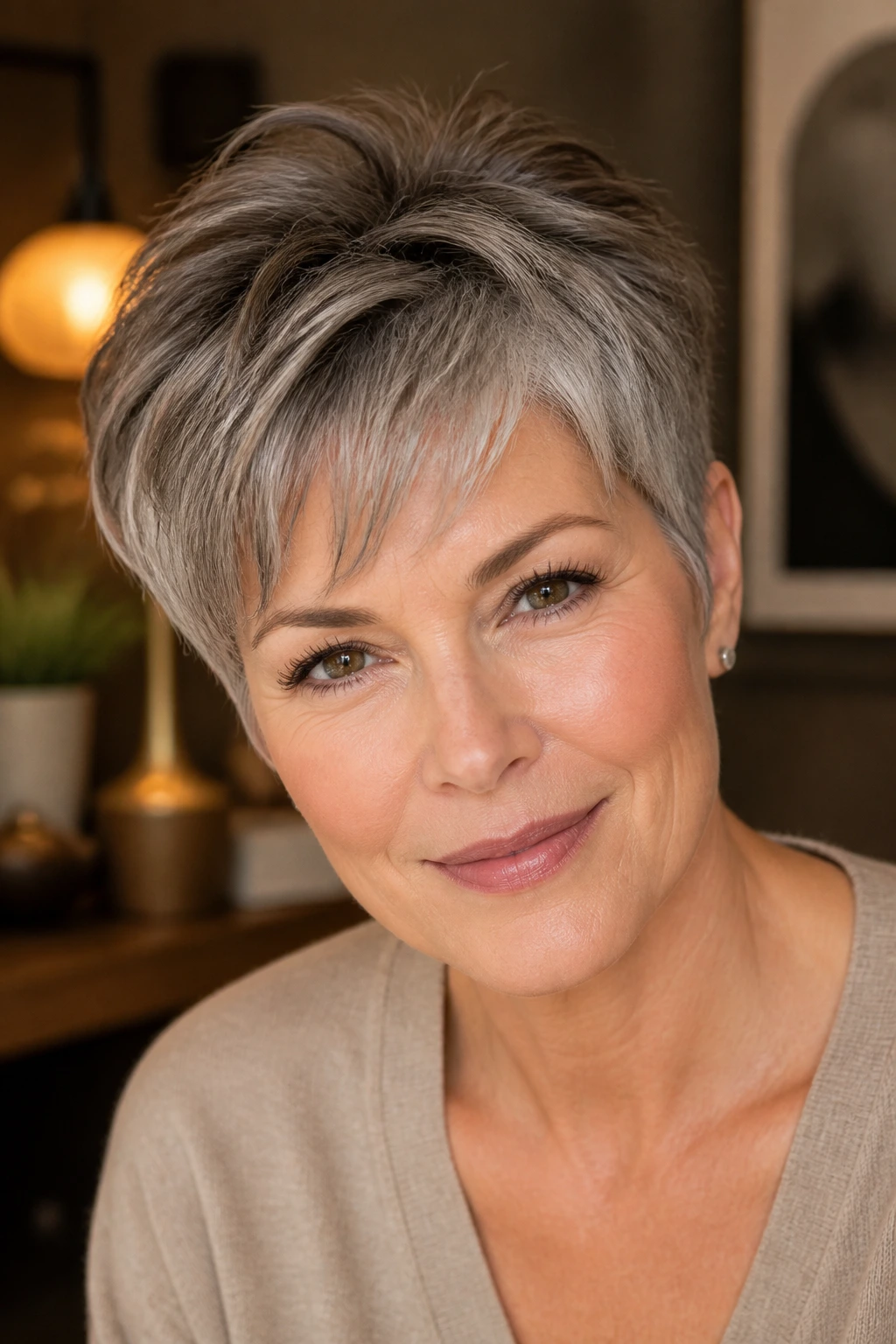 Portrait of a real woman with warm pewter pixie and soft fringe