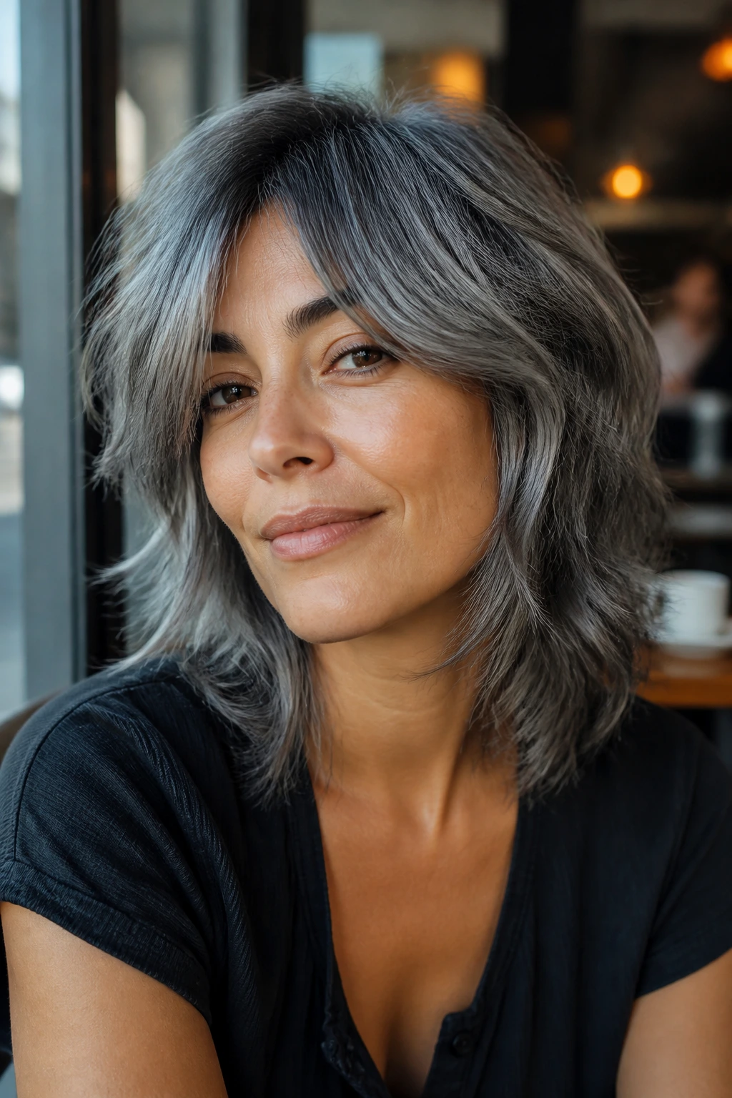 Close-up of a real person with pewter shag on olive skin and grey hair