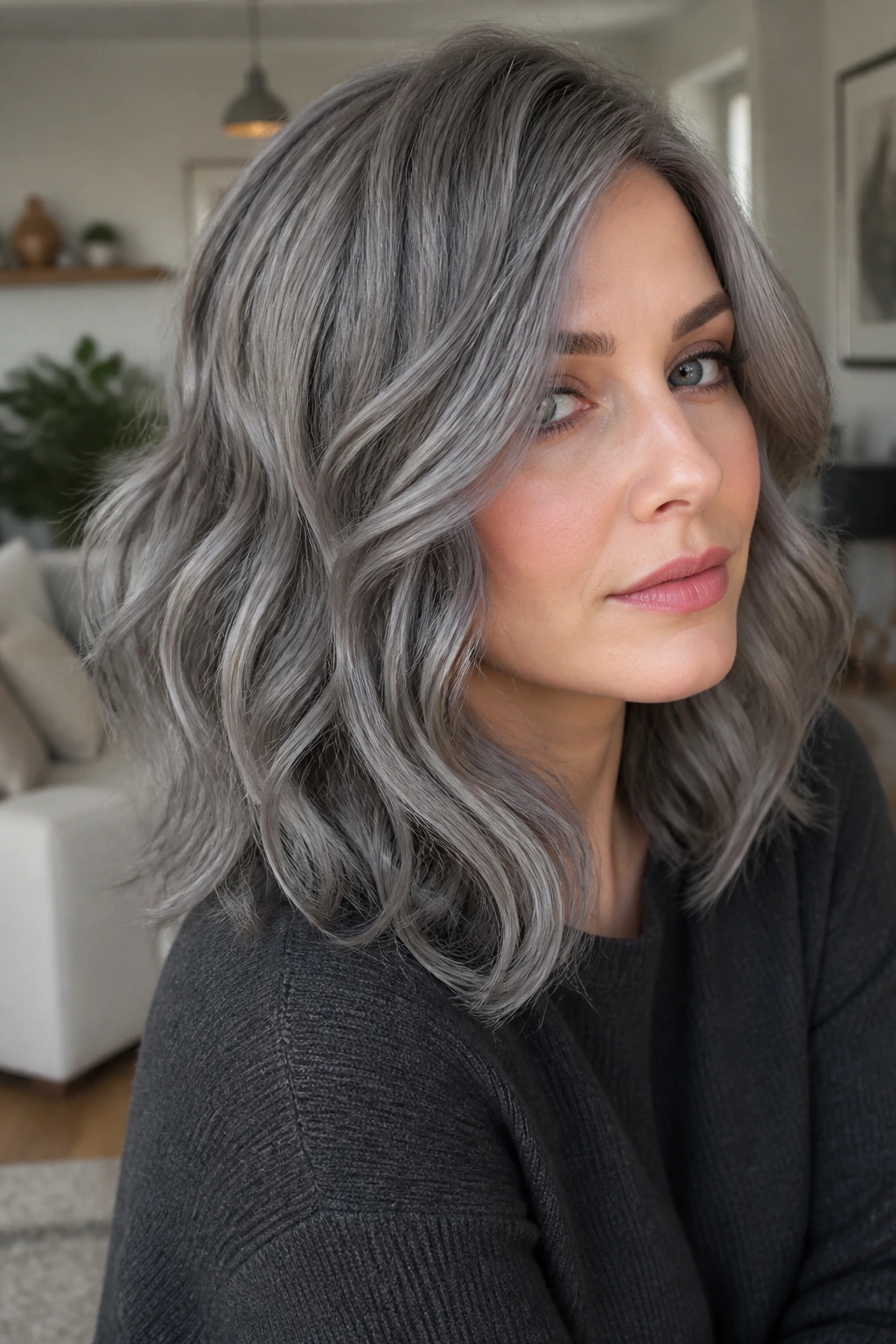 Portrait showing soft pewter waves on medium-length hair