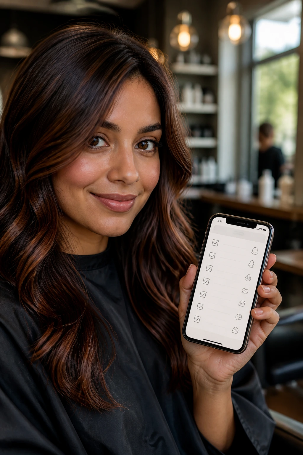 Close-up of a person in a salon holding a smartphone showing checklist-style app icons for a color consultation.