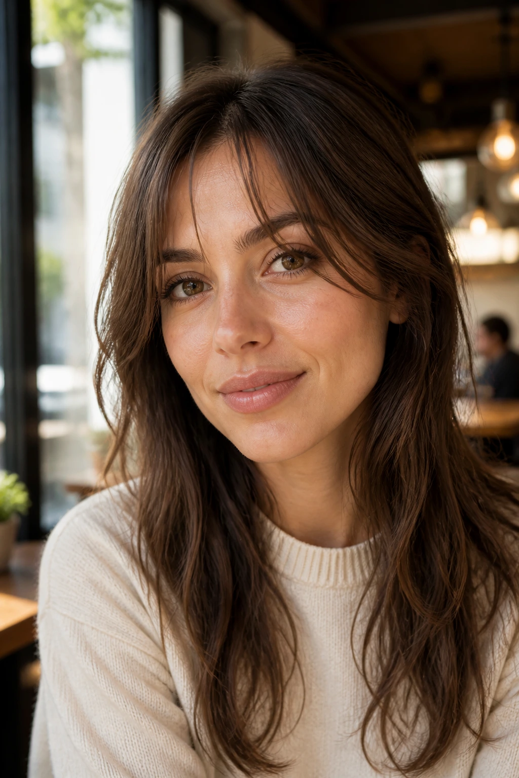 Close-up of a real woman with piece-y center-part bangs in cafe lighting