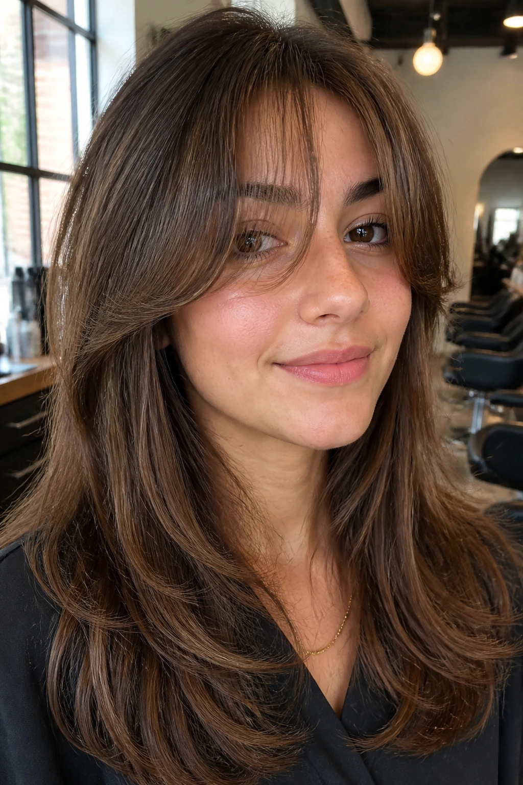 Close-up portrait of a real woman with piece-y blowout bangs in natural salon light