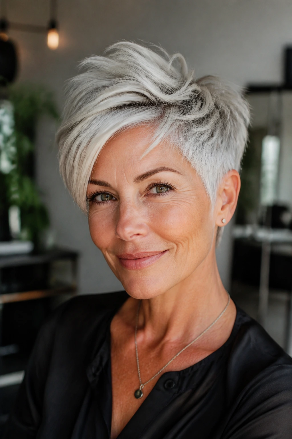 Real woman with piece-y pixie and root lift, showing directional top pieces