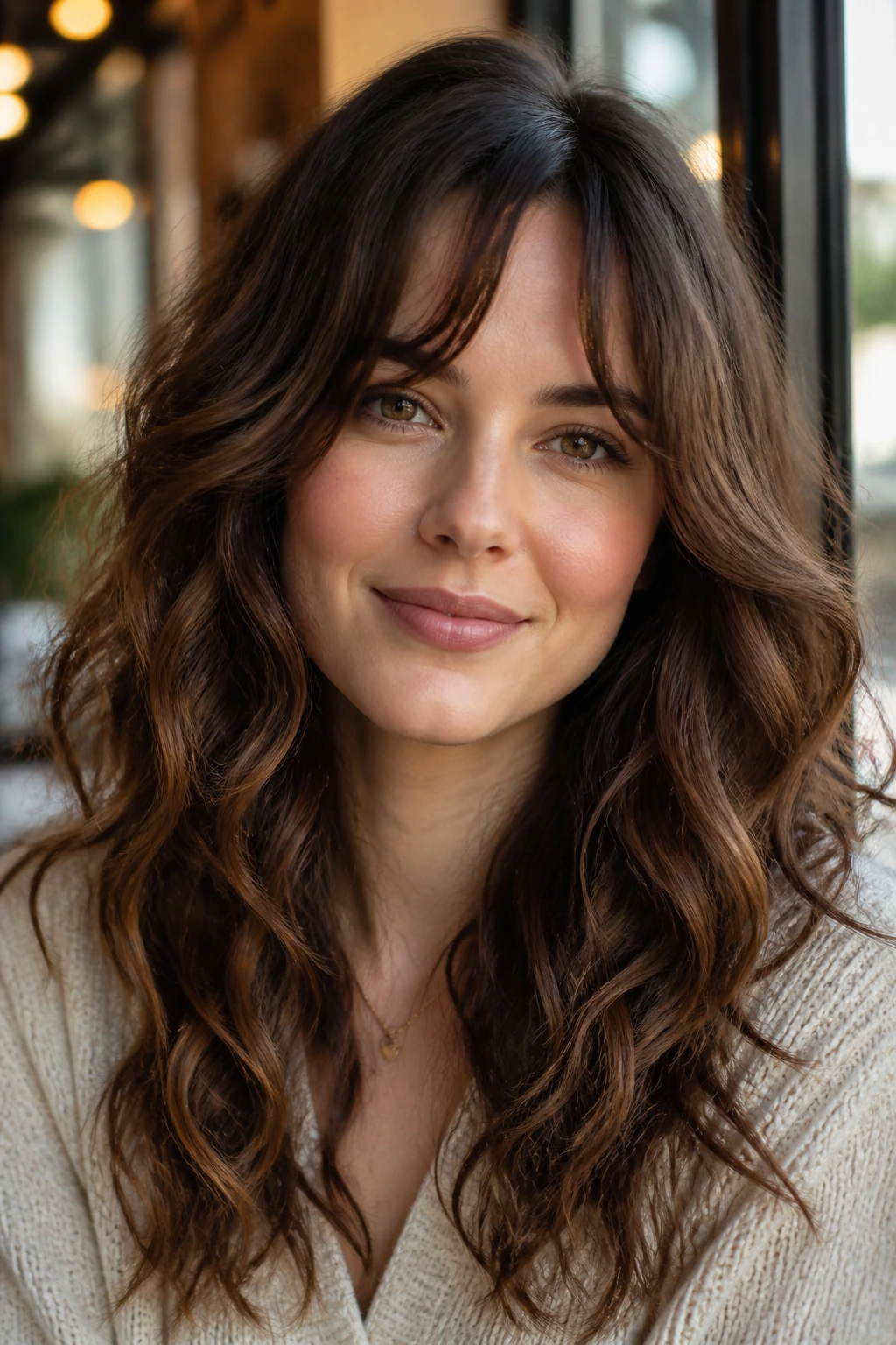 Portrait of a real woman with piece-y split bangs in a cafe setting