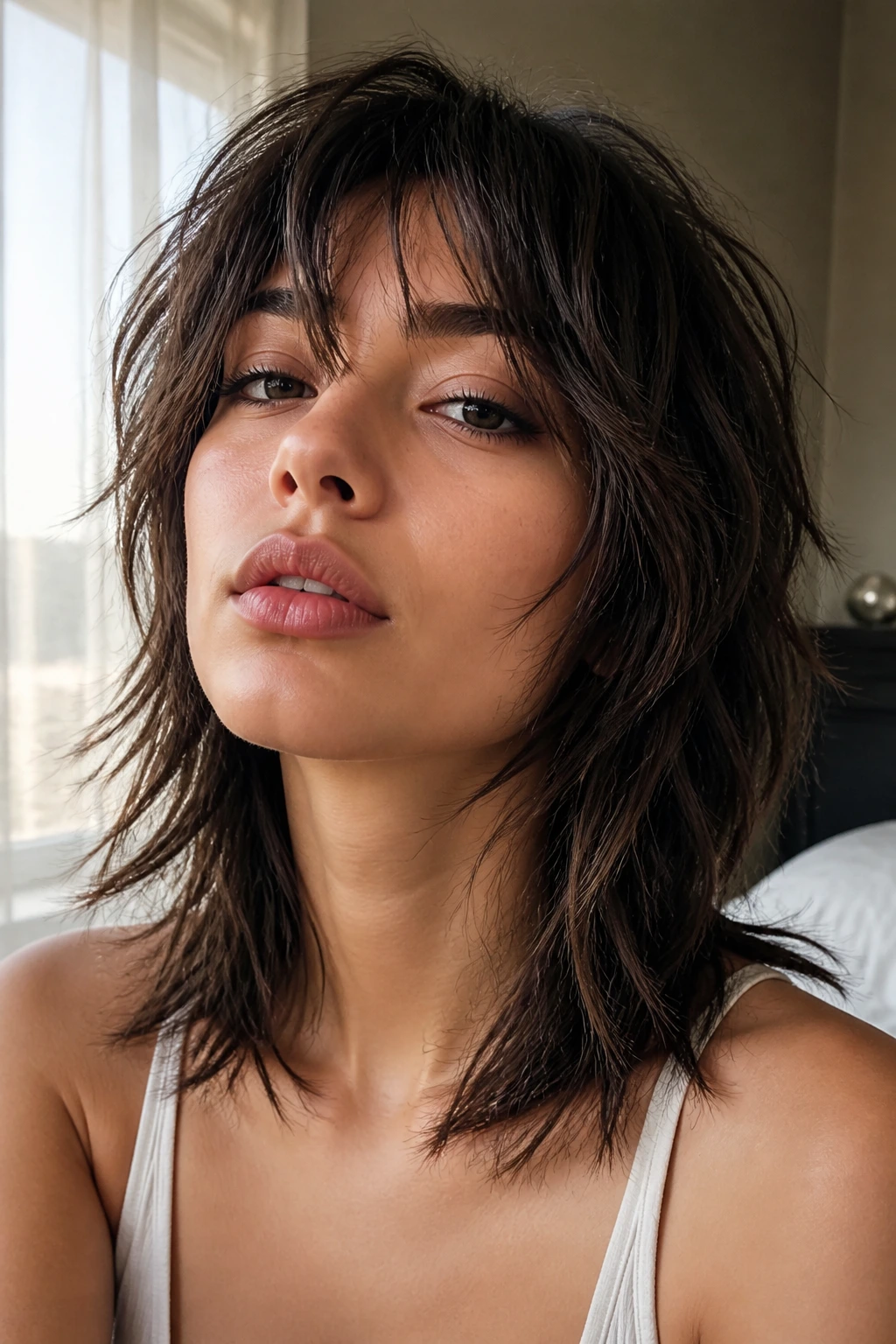 Close-up portrait of a real woman with a piecey air-dried shag hairstyle in natural light.