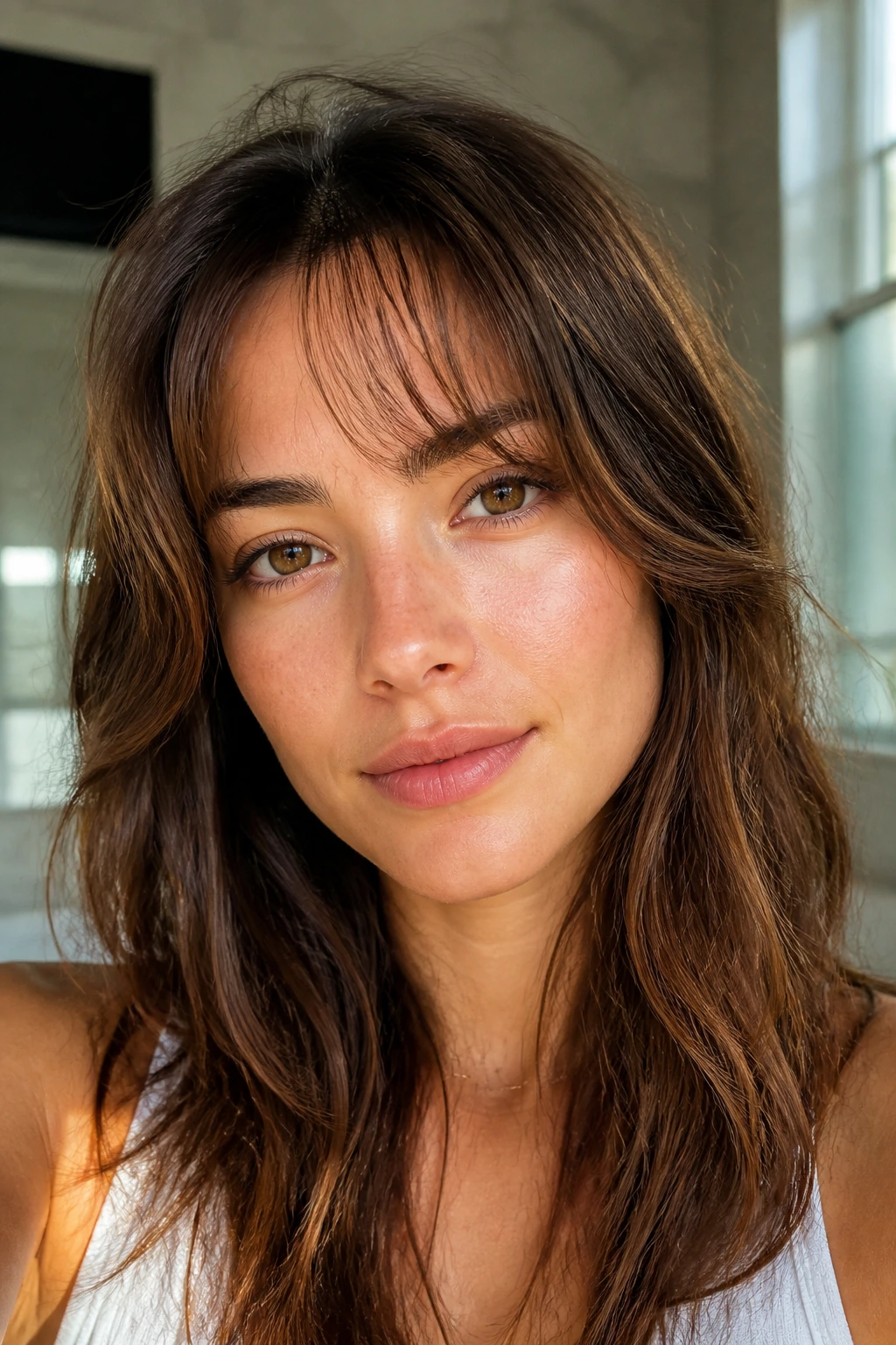 Close-up of real woman with piecey air-dry fringe under warm window light