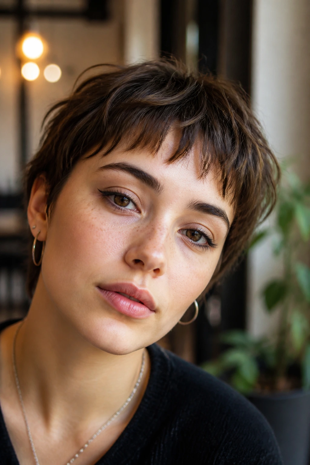 Real woman with short textured piecey baby bangs.