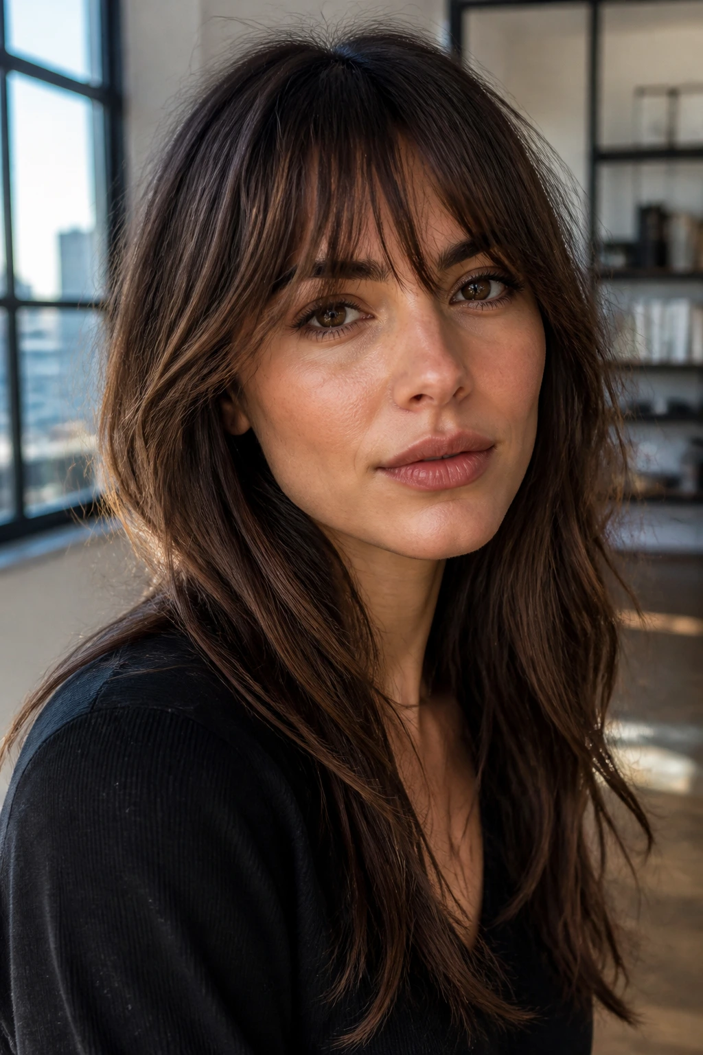 Portrait of a woman with piecey bangs showing separate strands around temples.