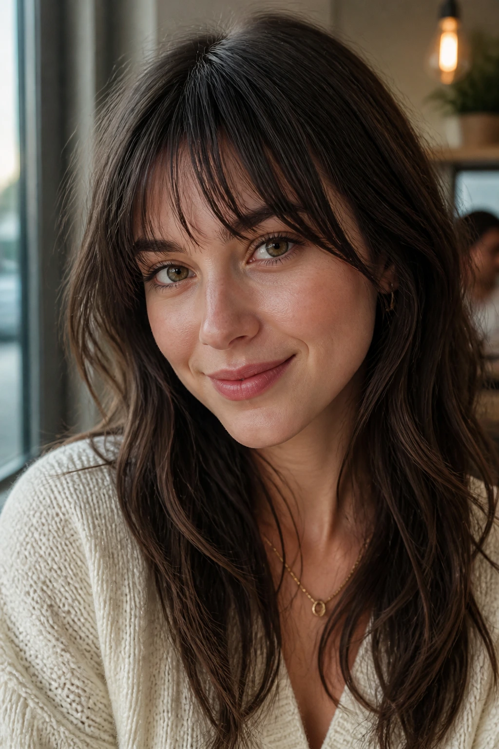 Portrait of a woman with brow-skimming piecey bangs