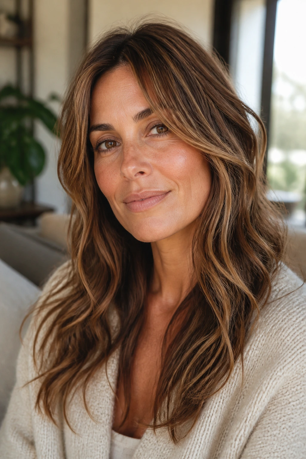 Close-up of a real woman with piecey center-part bangs framing her cheeks in warm natural light