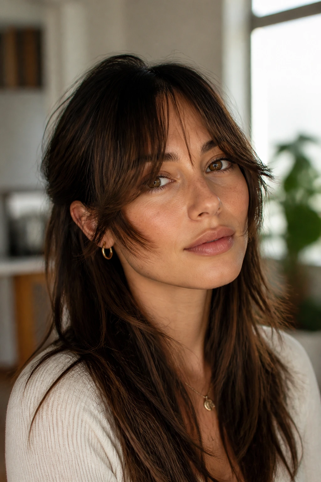 Portrait of woman with cheekbone-skimming piecey bangs