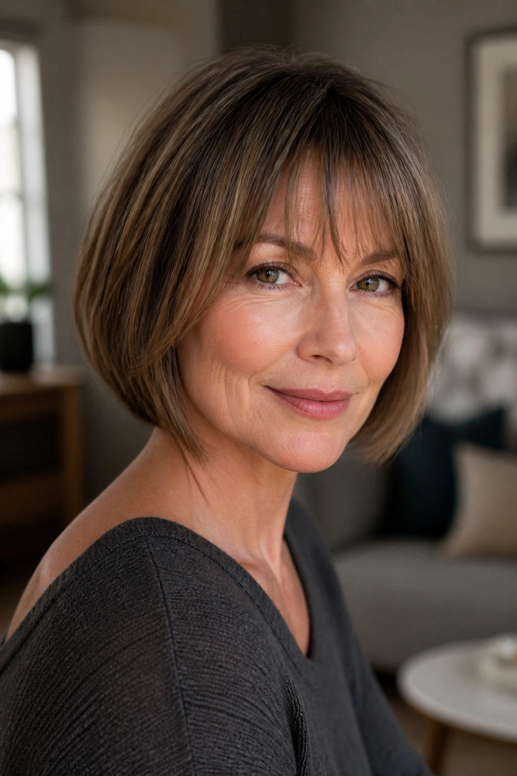 Close-up portrait of a real woman with a chin-length bob and piecey bangs