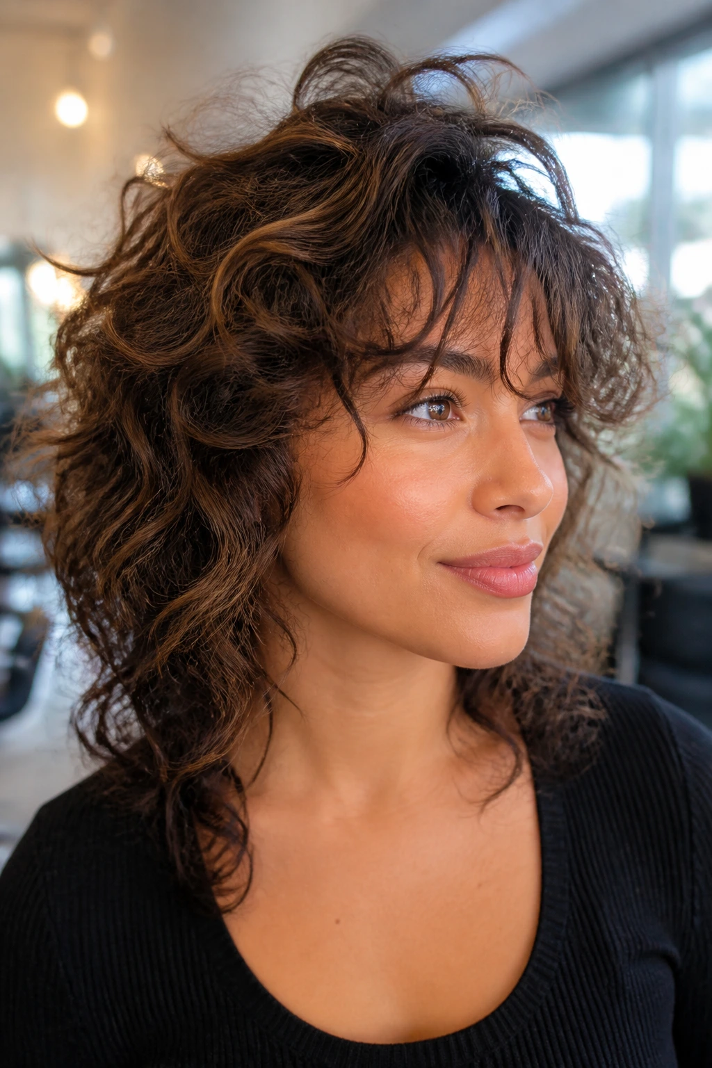 Close-up of a real woman with piecey bangs and crown lift in curly hair.