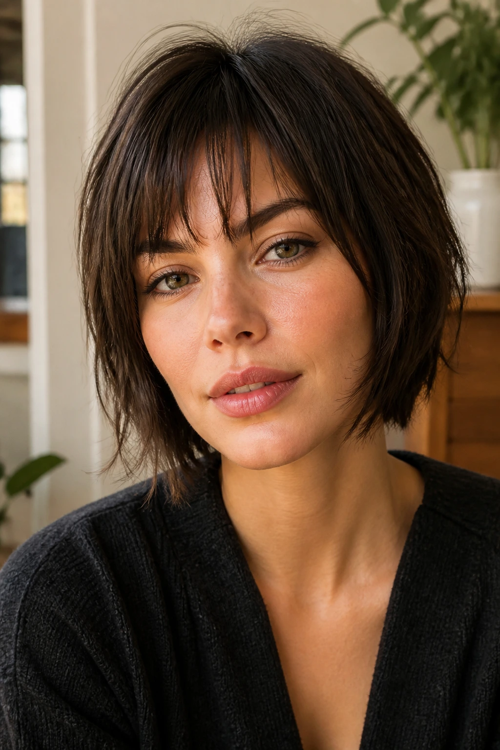 Close-up portrait of a real woman with piecey bangs and face-framing layers
