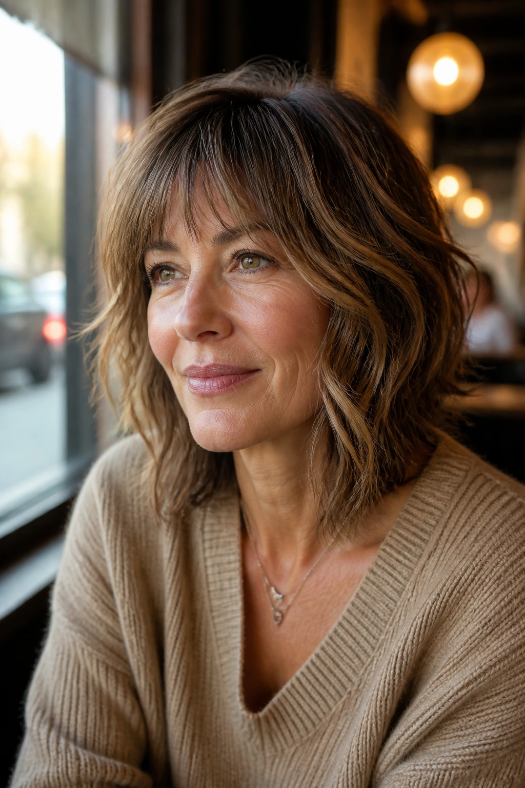Portrait of a real woman with piecey bangs and face-framing layers.
