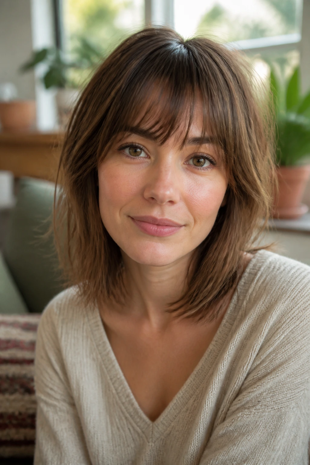 Close-up portrait of a real woman with piecey bangs in warm window light